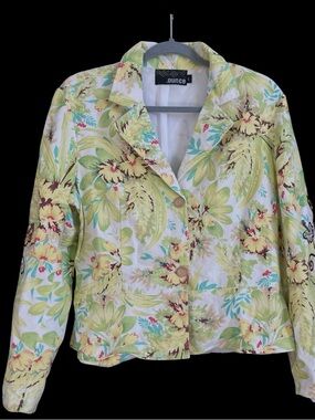 Linen Blend Floral Blazer Jacket Women L 60% Linen Boho Embroidered Sleeve